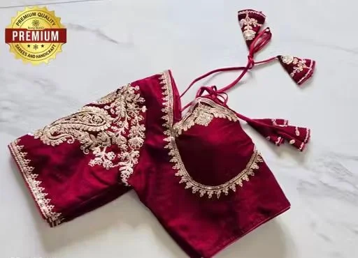 Maroon Designer Silk Blouse with Intricate Zardosi Embroidery and Tie-Back Detail Maroon XS image 2