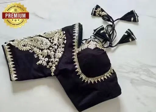 Black Silk Designer Blouse with Elaborate Silver Zardosi Embroidery and Dori Back Closure Black M image 2