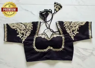 Black Silk Designer Blouse with Elaborate Silver Zardosi Embroidery and Dori Back Closure Black 3XL thumbnail 2
