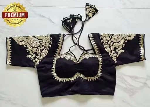 Black Silk Designer Blouse with Elaborate Silver Zardosi Embroidery and Dori Back Closure Black XS image 3