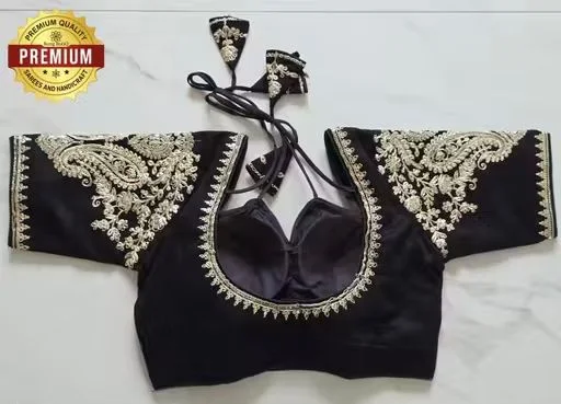 Black Silk Designer Blouse with Elaborate Silver Zardosi Embroidery and Dori Back Closure Black XS image 4