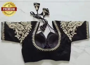 Black Silk Designer Blouse with Elaborate Silver Zardosi Embroidery and Dori Back Closure Black XS thumbnail 3