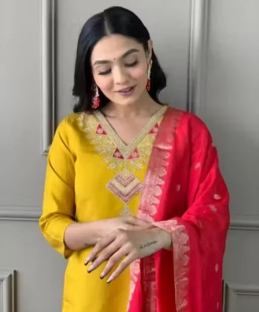 Marvel Trending Designer Vichitra Silk Kurti Pant with Dupatta Set for Women A-Line Ethnic Suit Party Wear Embroidered Kurta Palazzo Set Festive Wedding Traditional Dress Yellow S image 4