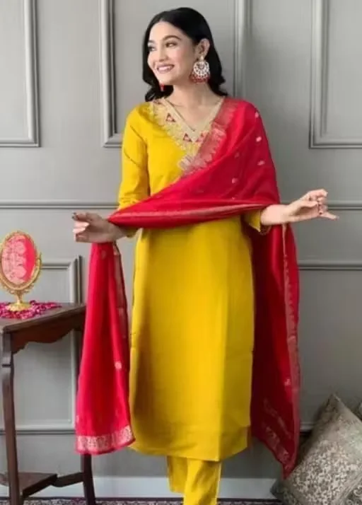 Marvel Trending Designer Vichitra Silk Kurti Pant with Dupatta Set for Women A-Line Ethnic Suit Party Wear Embroidered Kurta Palazzo Set Festive Wedding Traditional Dress Yellow L image 1