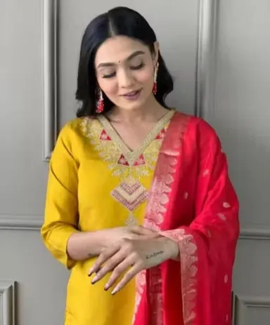 Marvel Trending Designer Vichitra Silk Kurti Pant with Dupatta Set for Women A-Line Ethnic Suit Party Wear Embroidered Kurta Palazzo Set Festive Wedding Traditional Dress Yellow L thumbnail 3