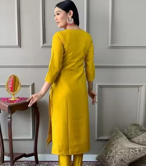 Marvel Trending Designer Vichitra Silk Kurti Pant with Dupatta Set for Women A-Line Ethnic Suit Party Wear Embroidered Kurta Palazzo Set Festive Wedding Traditional Dress Yellow L image 3