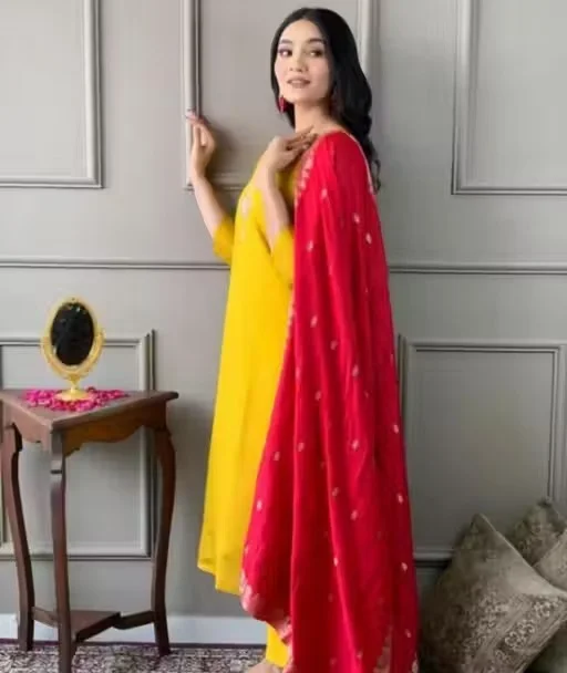 Marvel Trending Designer Vichitra Silk Kurti Pant with Dupatta Set for Women A-Line Ethnic Suit Party Wear Embroidered Kurta Palazzo Set Festive Wedding Traditional Dress Yellow L image 2