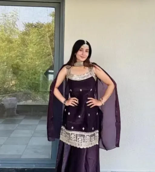 Designer Printed Kurti Palazzo Set with Dupatta for Women Cotton Blend Ethnic Suit Set Traditional Festive Wear Casual Party Wear Kurta Palazzo Dupatta Set for Ladies Purple XXL image 2