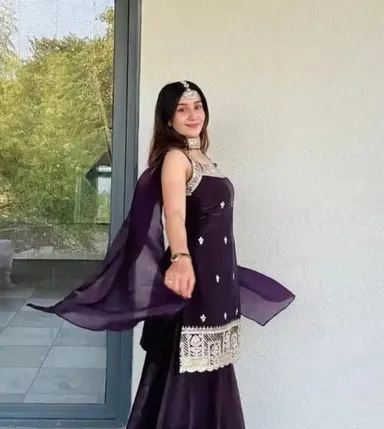 Designer Printed Kurti Palazzo Set with Dupatta for Women Cotton Blend Ethnic Suit Set Traditional Festive Wear Casual Party Wear Kurta Palazzo Dupatta Set for Ladies Purple XXL thumbnail 2