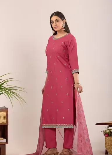 Designer Kurti Pant with Dupatta for Women Cotton Blend Ethnic Kurta Set Traditional Printed Kurti Palazzo Suit Set Festive Wear Casual Party Wear Salwar Suit for Ladies Pink XS thumbnail 0