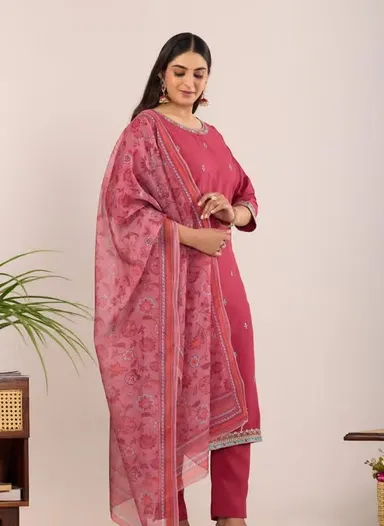 Designer Kurti Pant with Dupatta for Women Cotton Blend Ethnic Kurta Set Traditional Printed Kurti Palazzo Suit Set Festive Wear Casual Party Wear Salwar Suit for Ladies Pink XS thumbnail 1