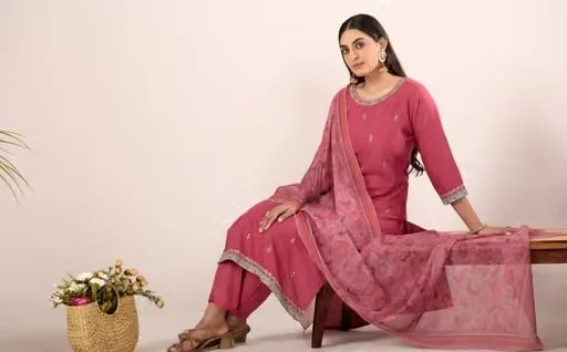 Designer Kurti Pant with Dupatta for Women Cotton Blend Ethnic Kurta Set Traditional Printed Kurti Palazzo Suit Set Festive Wear Casual Party Wear Salwar Suit for Ladies Pink M image 3