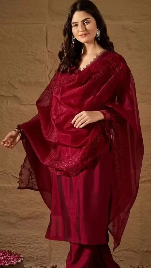 Designer Kurti Pant with Dupatta Set for Women Cotton Blend Ethnic Kurta Palazzo Suit Set Traditional Party Wear Festival Kurti Dress for Ladies Maroon 5XL image 4