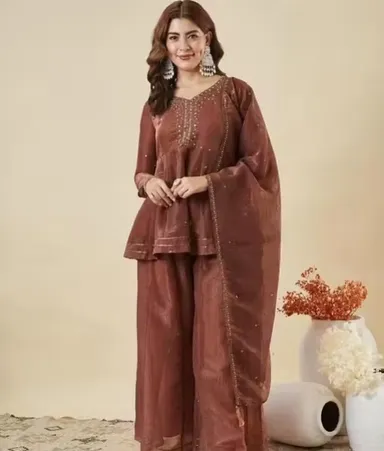 Designer Kurti Pant with Dupatta for Women Ethnic Kurta Set Party Wear Embroidered Kurti Pant Set Festive Wedding Office Wear Salwar Suit Brown XL thumbnail 1