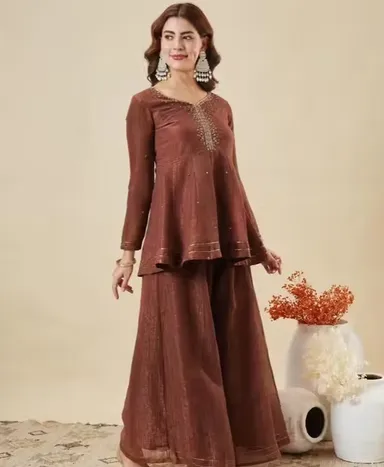 Designer Kurti Pant with Dupatta for Women Ethnic Kurta Set Party Wear Embroidered Kurti Pant Set Festive Wedding Office Wear Salwar Suit Brown 3XL thumbnail 0