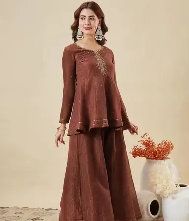 Designer Kurti Pant with Dupatta for Women Ethnic Kurta Set Party Wear Embroidered Kurti Pant Set Festive Wedding Office Wear Salwar Suit Brown 4XL thumbnail 2