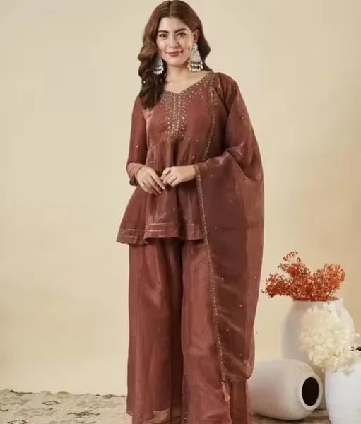 Designer Kurti Pant with Dupatta for Women Ethnic Kurta Set Party Wear Embroidered Kurti Pant Set Festive Wedding Office Wear Salwar Suit Brown 4XL image 2