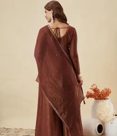 Designer Kurti Pant with Dupatta for Women Ethnic Kurta Set Party Wear Embroidered Kurti Pant Set Festive Wedding Office Wear Salwar Suit Brown 4XL thumbnail 3