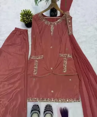 Designer Kurti Pant with Dupatta Set for Women Party Wear Ethnic Kurta Pant Dupatta Suit Set Embroidered Festive Traditional Indian Dress Rust XS thumbnail 0