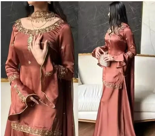 Designer Kurti Pant with Dupatta Set for Women Party Wear Ethnic Kurta Pant Dupatta Suit Set Embroidered Festive Traditional Indian Dress Rust 4XL image 2