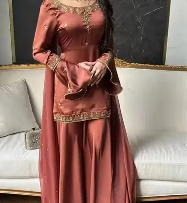 Designer Kurti Pant with Dupatta Set for Women Party Wear Ethnic Kurta Pant Dupatta Suit Set Embroidered Festive Traditional Indian Dress Rust 4XL thumbnail 3