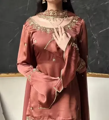 Designer Kurti Pant with Dupatta Set for Women Party Wear Ethnic Kurta Pant Dupatta Suit Set Embroidered Festive Traditional Indian Dress Rust 4XL thumbnail 2