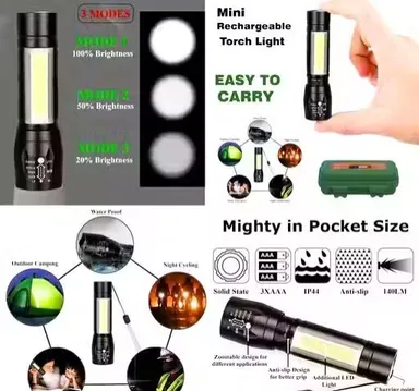 Mini LED Rechargeable Torch Flashlight Combo Pack of 2 with Laser Pointer, Side Light, Blink Mode and Aluminium Alloy Body Pocket Torch for Home Emergency Outdoor Camping Security and Utility Use thumbnail 2