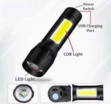 Mini Rechargeable LED Torch Pack of 3 with Side COB Light and Bright Focus Beam | Aluminium Body Pocket Torch for Home Emergency Outdoor Camping Travel Power Cut Safety Use thumbnail 2