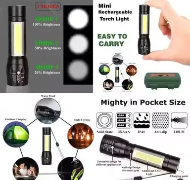 Mini Rechargeable LED Torch Pack of 3 with Side COB Light and Bright Focus Beam | Aluminium Body Pocket Torch for Home Emergency Outdoor Camping Travel Power Cut Safety Use thumbnail 3