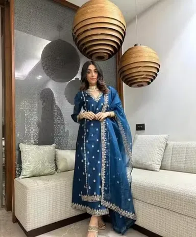Women's Navy Blue Embroidered Silk Blend A-Line Kurti Palazzo Set with Dupatta Navy Blue M thumbnail 0