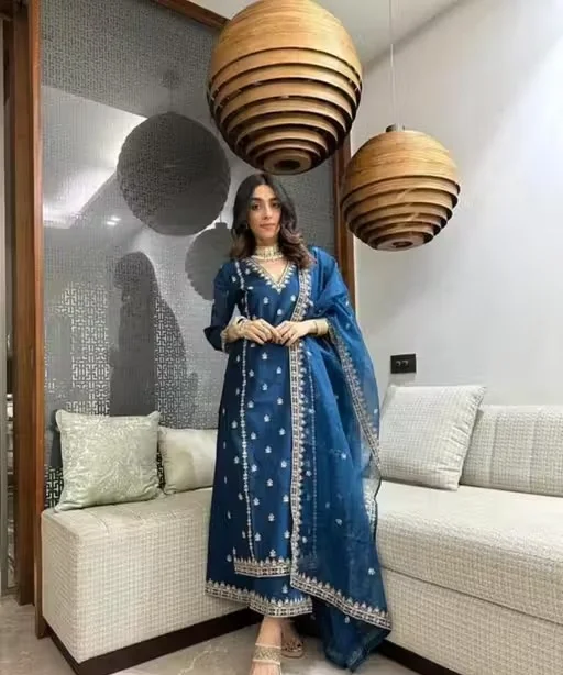 Women's Navy Blue Embroidered Silk Blend A-Line Kurti Palazzo Set with Dupatta Navy Blue L image 4