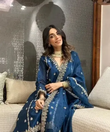 Women's Navy Blue Embroidered Silk Blend A-Line Kurti Palazzo Set with Dupatta Navy Blue 3XL thumbnail 2