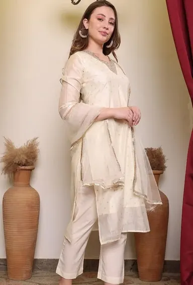 Cream Art Silk Kurti Pant Set with Dupatta | Embroidered Alia Cut Ethnic Wear for Women Cream L thumbnail 1