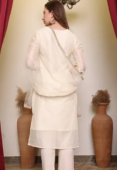 Cream Art Silk Kurti Pant Set with Dupatta | Embroidered Alia Cut Ethnic Wear for Women Cream XXL thumbnail 3
