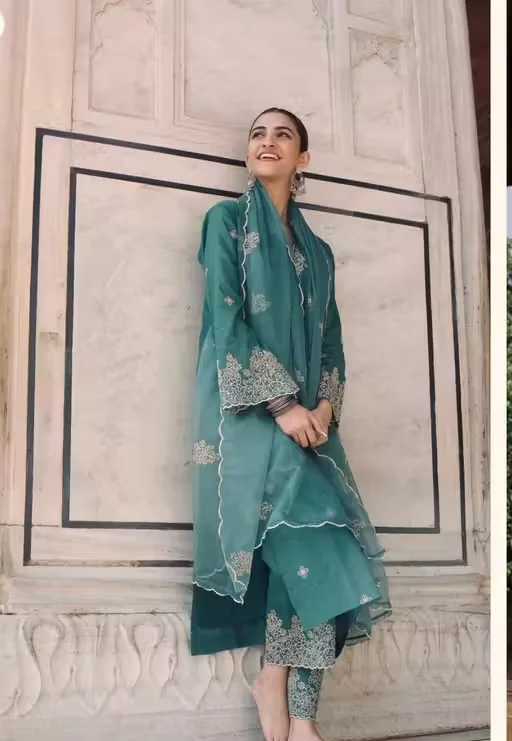 Blue Embroidered Silk Blend Kurti Pant Set with Net Dupatta Blue M image 2