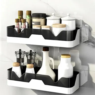 Pack of 2 Self Adhesive Bathroom Shelf Organizer Wall Mounted Plastic Storage Rack | No Drill Shower Caddy for Bathroom & Kitchen | Waterproof Storage Shelf with Magic Sticker | Black & White thumbnail 3