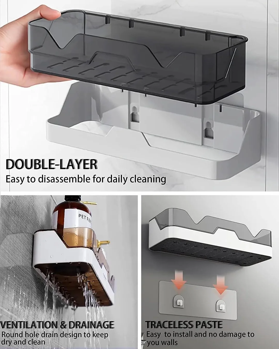 Pack of 2 Self Adhesive Bathroom Shelf Organizer Wall Mounted Plastic Storage Rack | No Drill Shower Caddy for Bathroom & Kitchen | Waterproof Storage Shelf with Magic Sticker | Black & White image 2