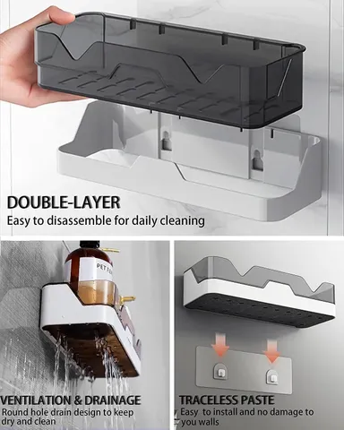 Pack of 2 Self Adhesive Bathroom Shelf Organizer Wall Mounted Plastic Storage Rack | No Drill Shower Caddy for Bathroom & Kitchen | Waterproof Storage Shelf with Magic Sticker | Black & White thumbnail 1