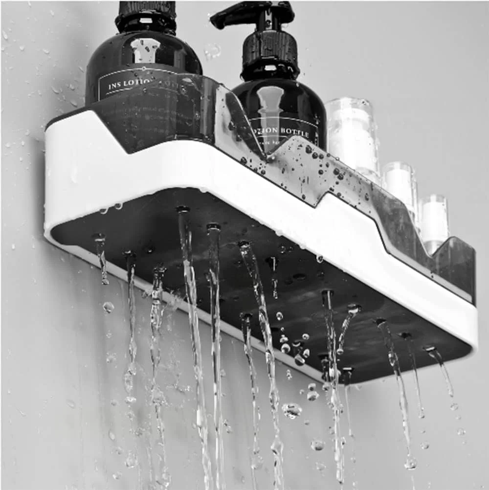 Pack of 2 Self Adhesive Bathroom Shelf Organizer Wall Mounted Plastic Storage Rack | No Drill Shower Caddy for Bathroom & Kitchen | Waterproof Storage Shelf with Magic Sticker | Black & White image 3