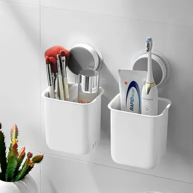 Plastic Wall Mounted Toothbrush Holder with Shelf | Bathroom Toothbrush Stand | Self Adhesive Toothbrush Organizer (2 Holder) thumbnail 1