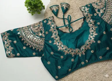 Teal Blue Silk Blouse with Intricate Zardosi and Sequined Floral Embroidery Featuring Scalloped Neckline and Dori Tie-Back Teal L thumbnail 1