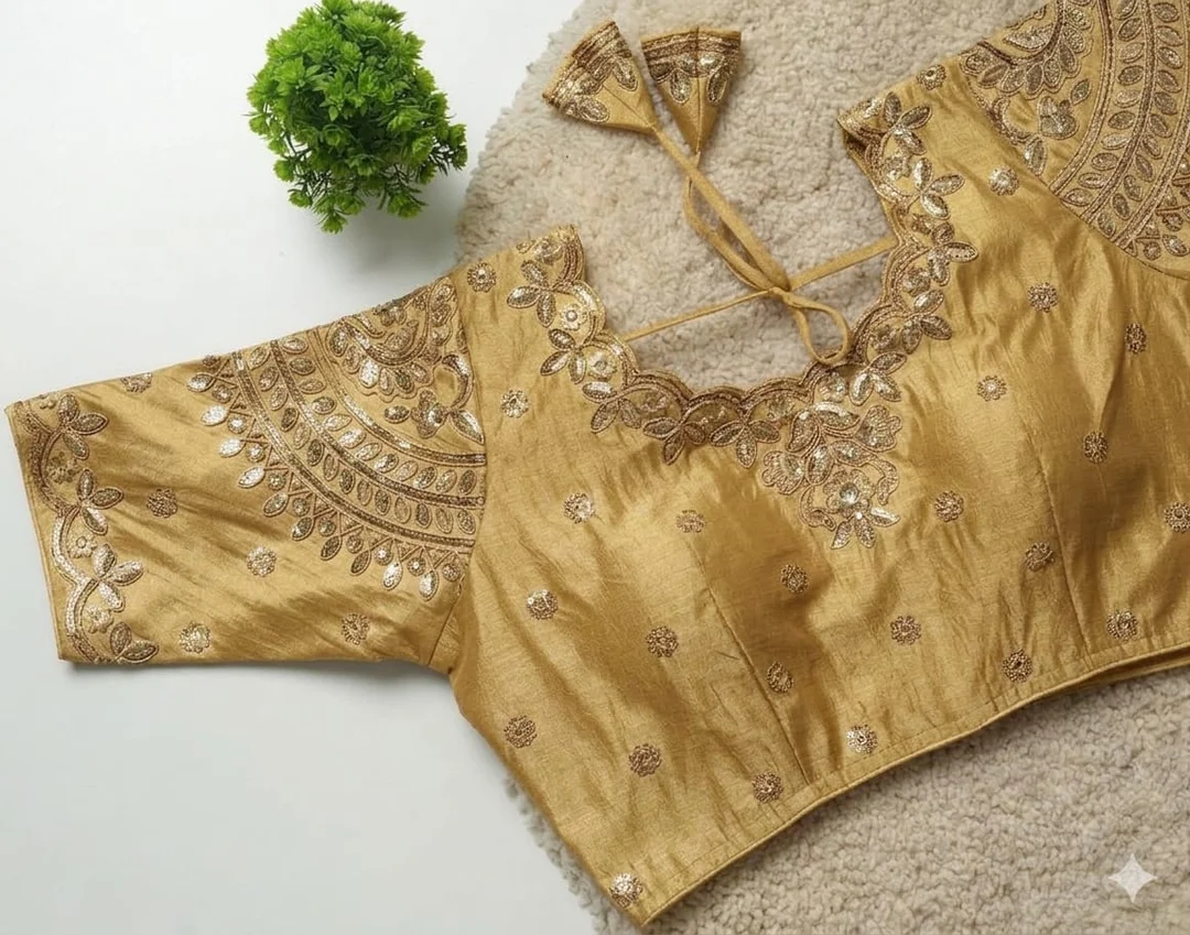 Golden Raw Silk Designer Blouse with Elaborate Hand-Embroidered Zardosi and Sequins Work Featuring Scalloped Neckline and Dori Ties Golden XXL image 2