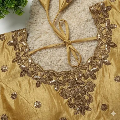 Golden Raw Silk Designer Blouse with Elaborate Hand-Embroidered Zardosi and Sequins Work Featuring Scalloped Neckline and Dori Ties Golden 3XL thumbnail 1