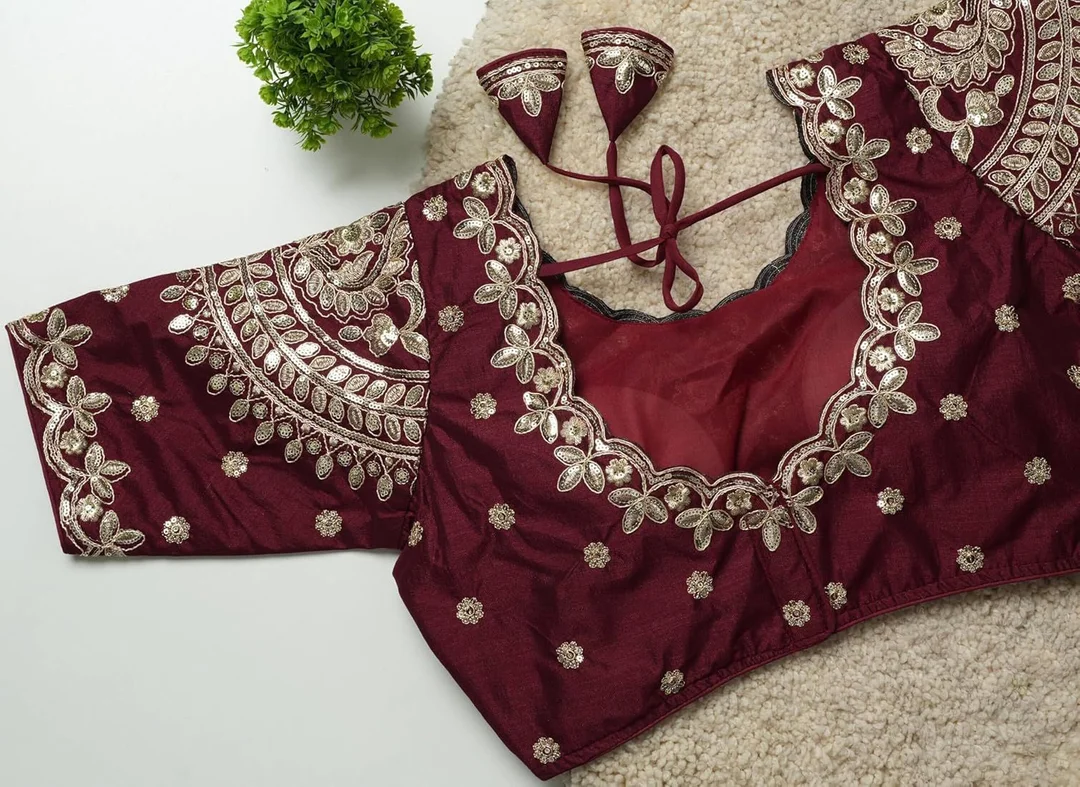 Maroon Silk Designer Blouse with Intricate Gold Sequins and Floral Zari Embroidery Featuring Back Tie-Up Detail Maroon S image 3