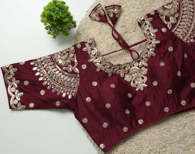 Maroon Silk Designer Blouse with Intricate Gold Sequins and Floral Zari Embroidery Featuring Back Tie-Up Detail Maroon XL thumbnail 1