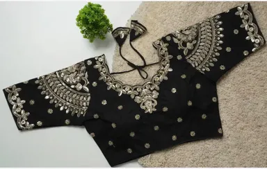 Black Art Silk Readymade Saree Blouse With Intricate Gold Sequin Embroidery and Scalloped Neckline Black XXL thumbnail 1