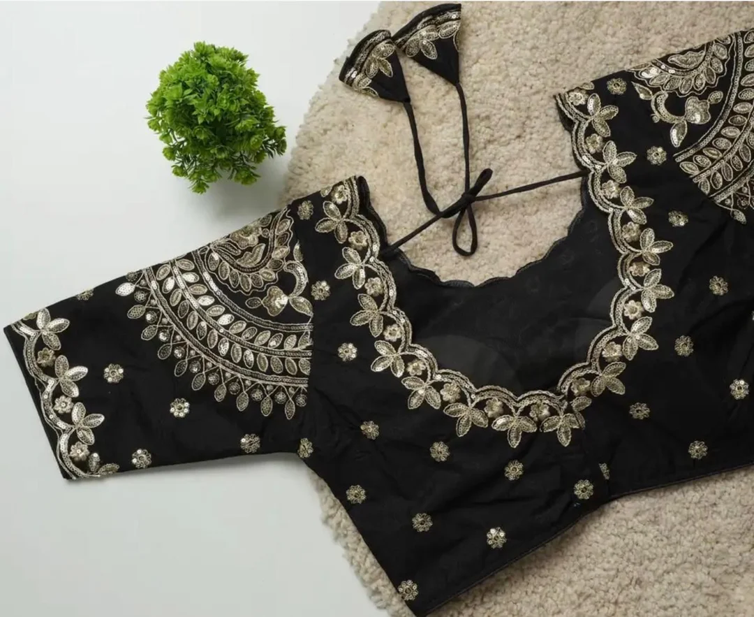 Black Art Silk Readymade Saree Blouse With Intricate Gold Sequin Embroidery and Scalloped Neckline Black 3XL image 3