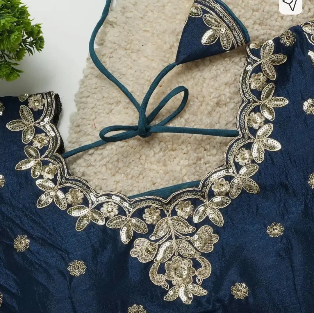 Navy Blue Art Silk Readymade Blouse with Heavy Zardosi and Mirror Work Embroidery and Dori Back Closure Navy Blue XXL image 3
