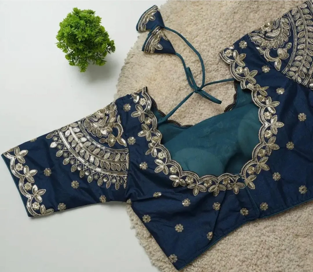 Navy Blue Art Silk Readymade Blouse with Heavy Zardosi and Mirror Work Embroidery and Dori Back Closure Navy Blue XXL image 2