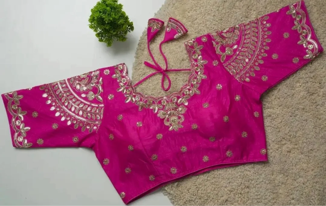 Rani Pink Silk Party Wear Blouse with Intricate Golden Zari Embroidery and Sequin Work featuring Scalloped Neckline and Back Dori Rani Pink XL image 3